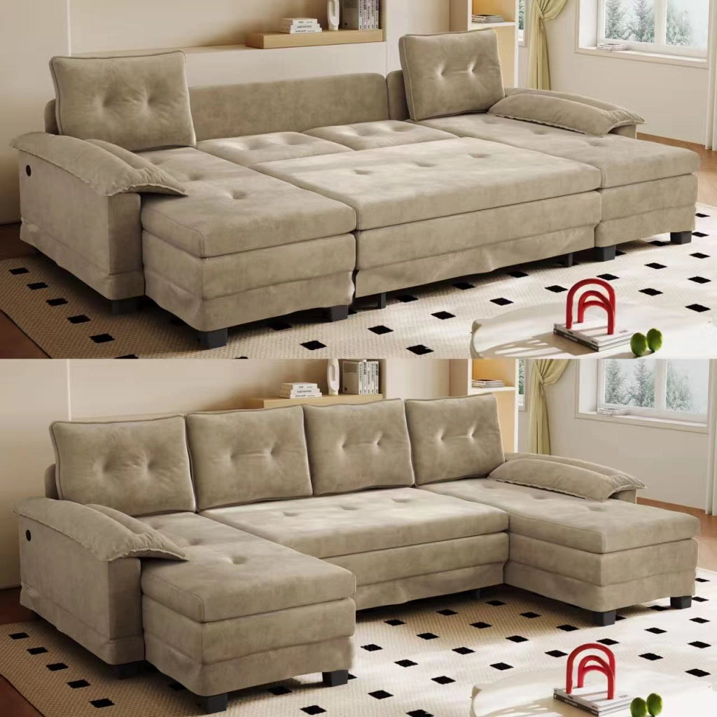 Divano letto panoramico a U modulare in chenille color cammello con letto estraibile; USB e 4 cuscini schienale