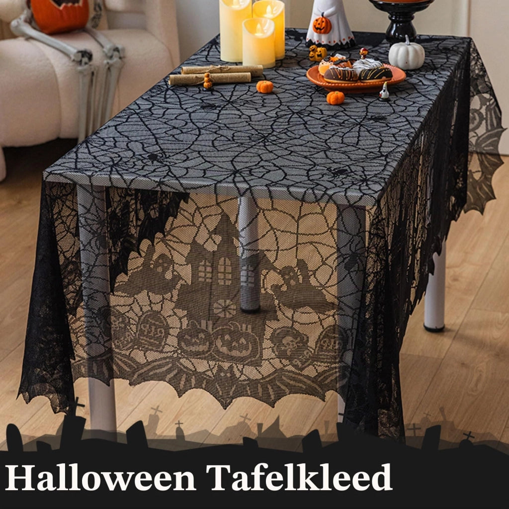 Tovaglia per Halloween, 135x175 cm, nera, con pizzo