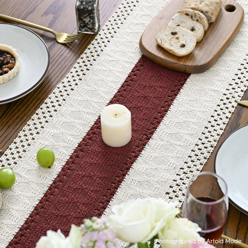 Tovaglia con frange, 30x183 cm, beige/rossa, a righe