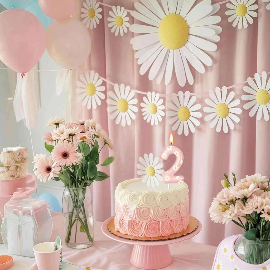 Candeline per torta a forma di margherite, numero 2, rosa, 8,5 cm, in paraffina