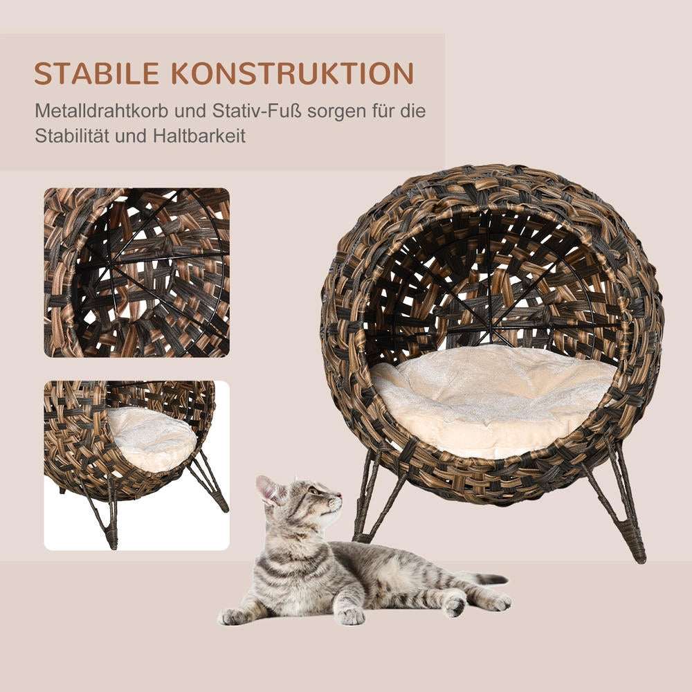 Cuccia per Gatti in Rattan con Cuscino Morbido Casetta Rialzata Robusta per Casa e Interno Marrone Ø52 x 58 cm
