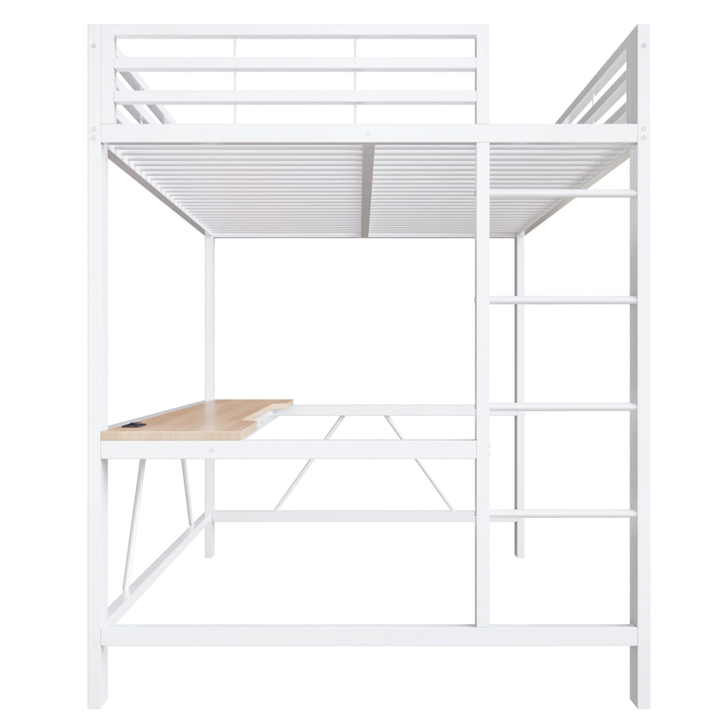 Letto a soppalco 140 × 200 cm con scrivania e led in metallo e MDF bianco con sponde di protezione
