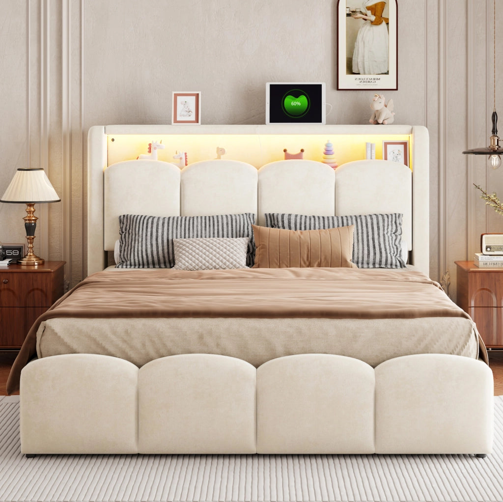 Letto imbottito 140 x 200 cm beige/grigio con contenitore, LED e USB