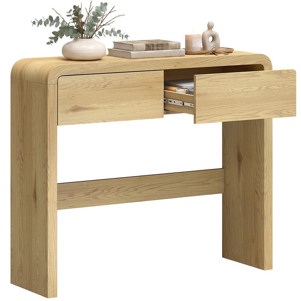 Tavolo consolle con 2 cassetti per ingresso e soggiorno, mobile in legno naturale, piano spesso e angoli arrotondati, 100 x 30 x 85 cm
