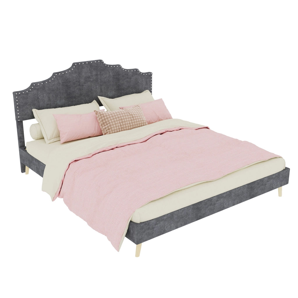 Letto moderno minimalista 160x200 cm con testiera morbida grigia e materasso incluso