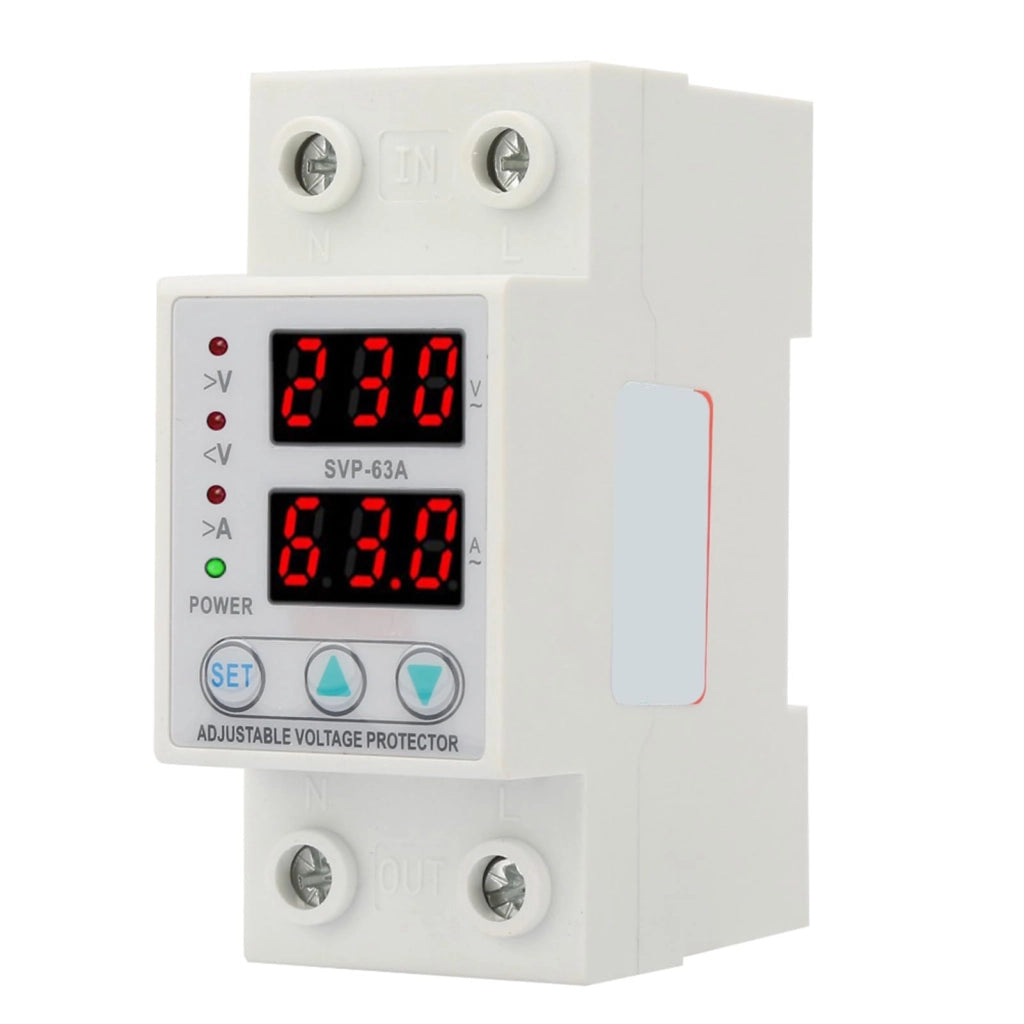 Dispositivo di protezione da sovratensione e sovracorrente SVP-63A, con doppio display a LED, 230 V