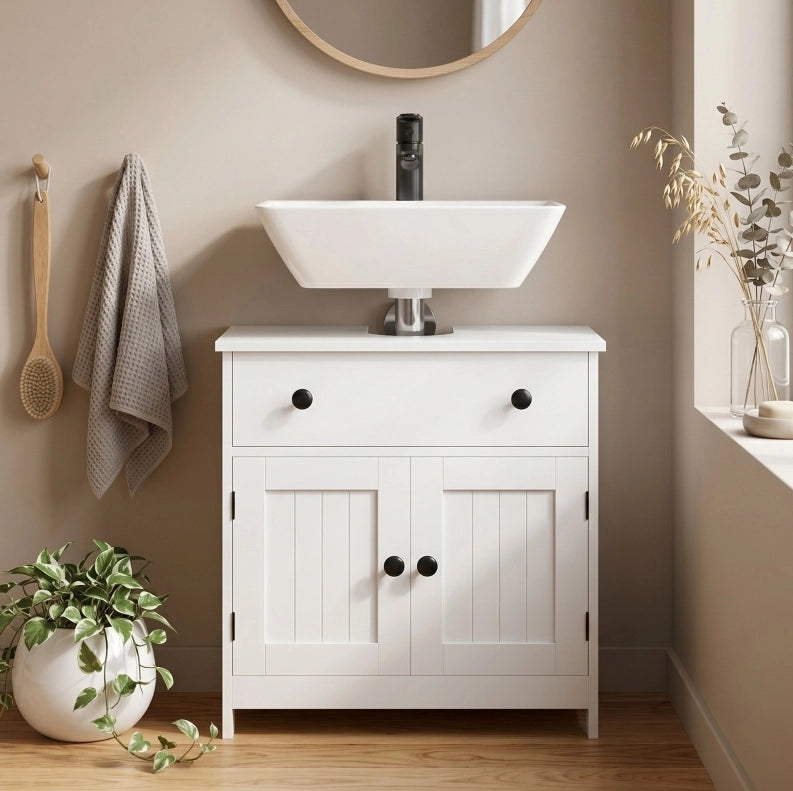 Mobile bagno bianco moderno con anta doppia, cassetto e chiusura soft-close, ideale per lavabo senza piedistallo