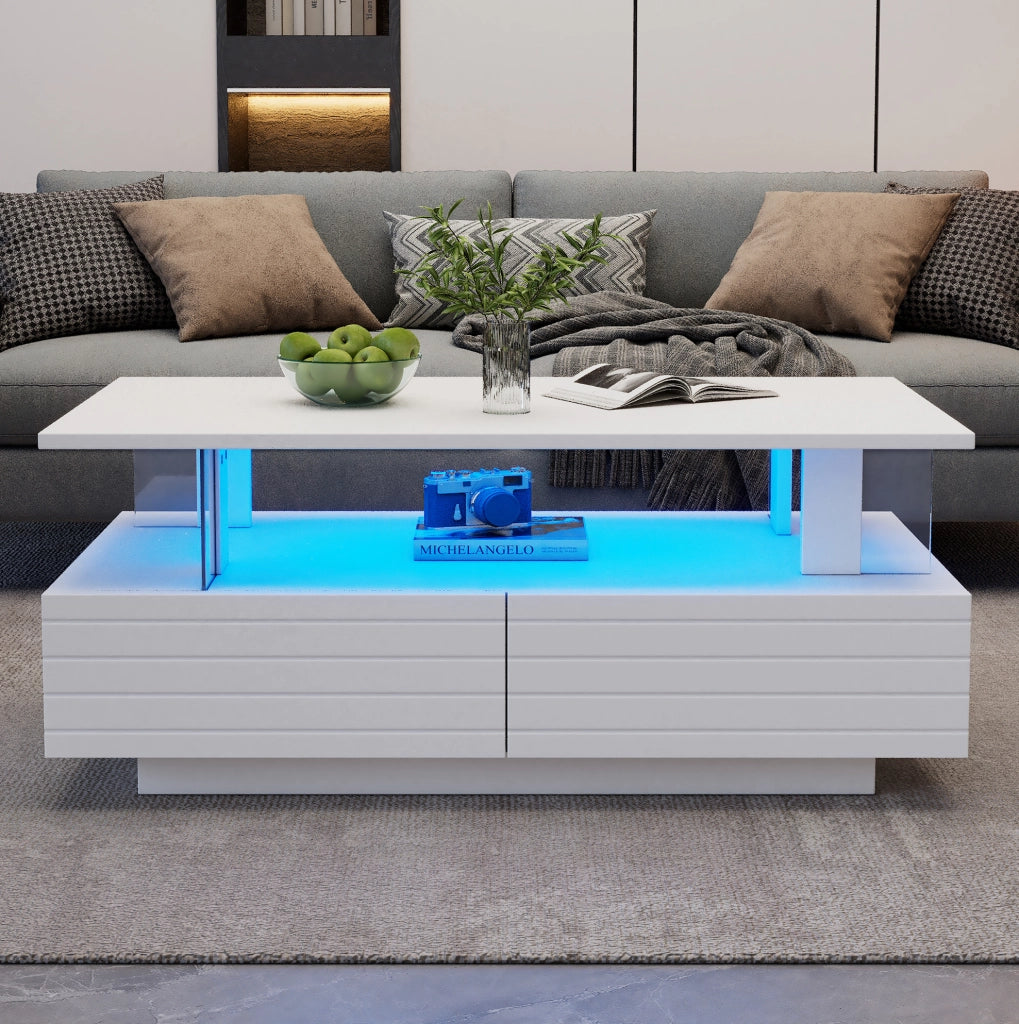 Tavolino da caffè LED bianco 100 x 50 x 42,5 cm con contenitore e Bluetooth