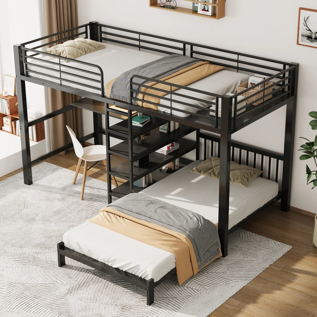 Letto a soppalco a due posti 90 x 200 cm con scrivania a L e ripiani; metallo e MDF nero per cameretta