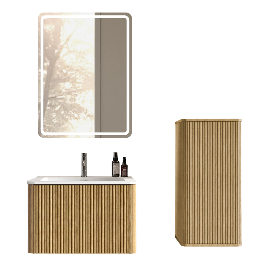 Mobile bagno 60 cm con specchio LED, lavabo e colonna, finitura quercia