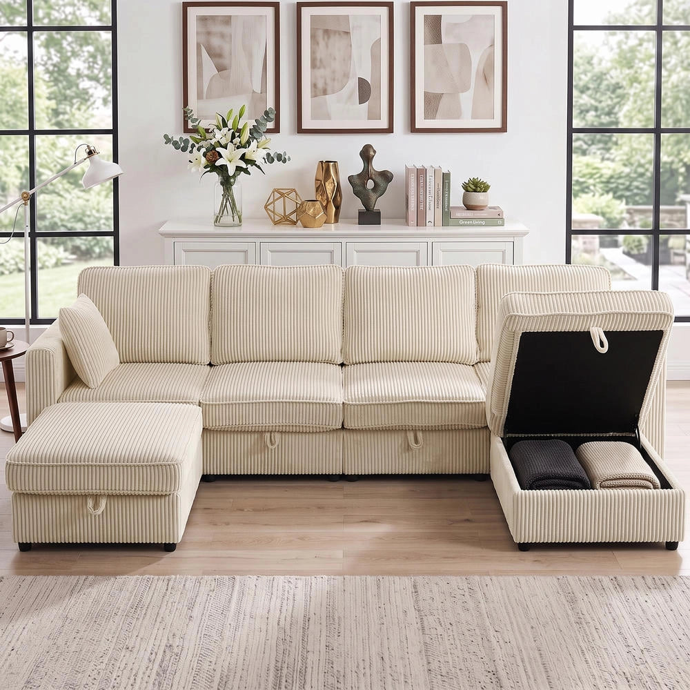 Divano angolare modulare a U 306 cm, 4 posti con 2 pouf contenitore e 4 cuscini, velluto a coste crema, salvaspazio per casa