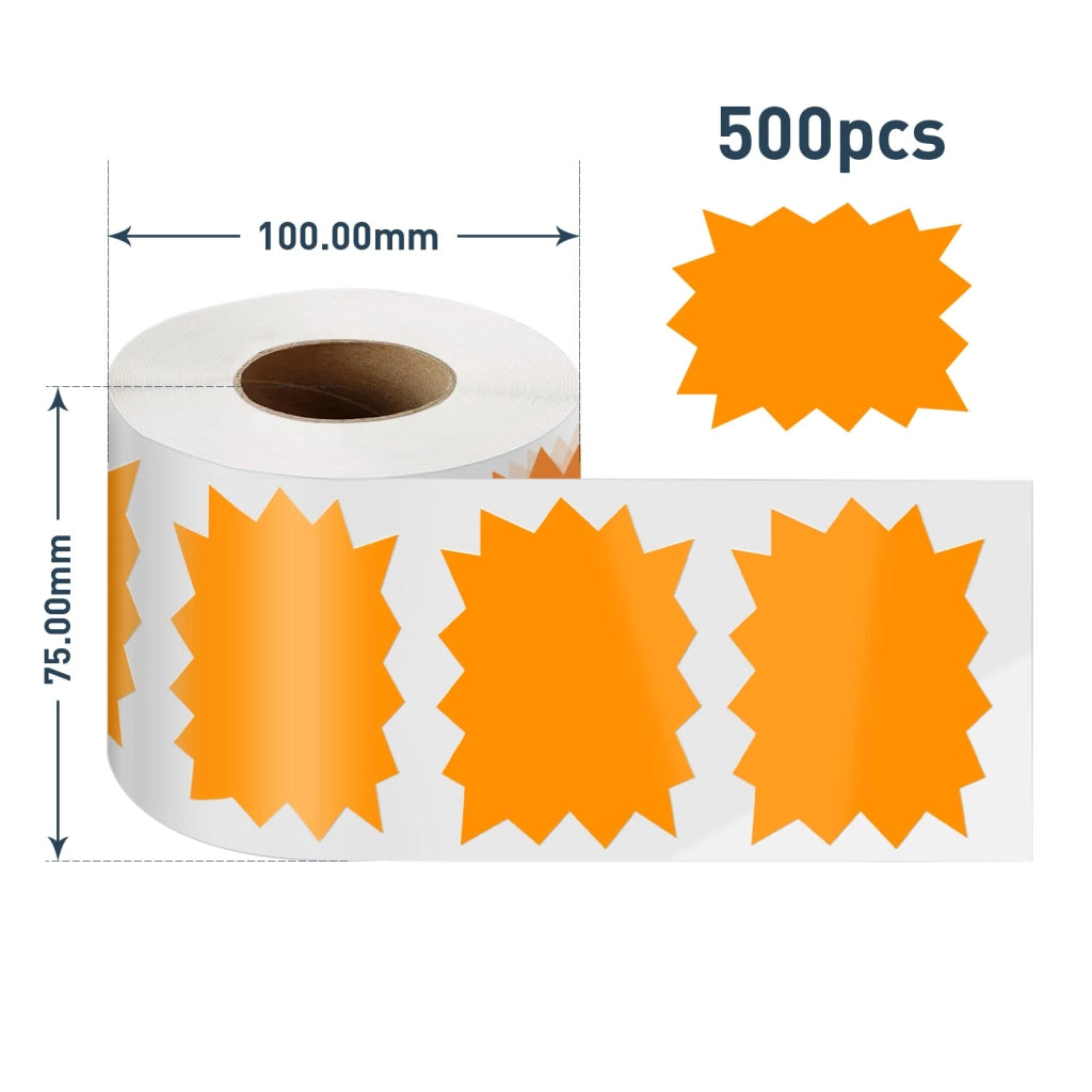 Adesivi per cartellini prezzo Starburst Arancione 10 x 7,5 cm Etichette vendita 500 pezzi