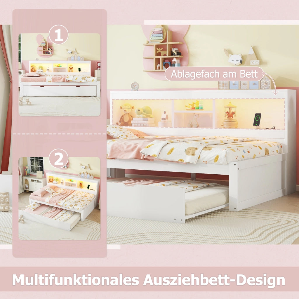Letto singolo estraibile 90 × 200 cm con luci led prese usb vano laterale in pannello truciolare e MDF bianco