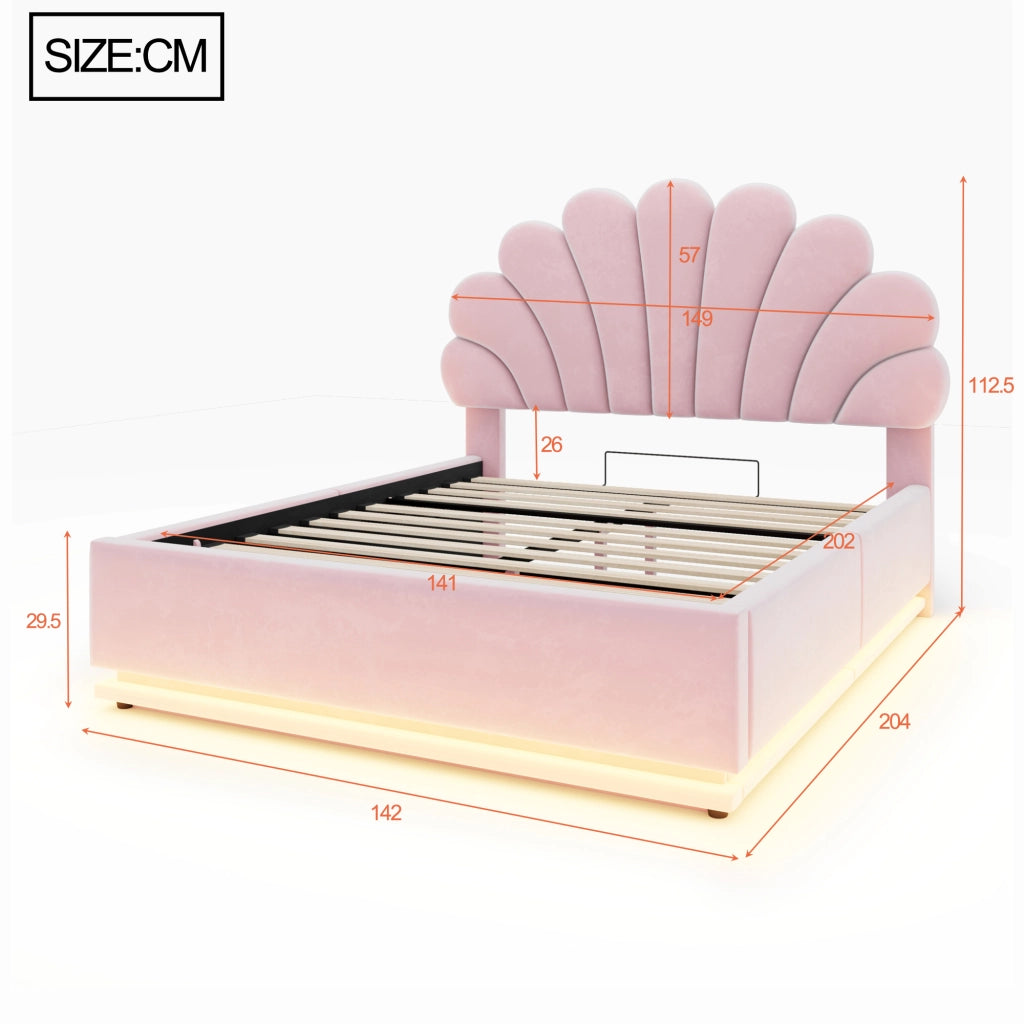 Letto contenitore 90 ¡Á 200 cm con LED e testiera a fiore rivestita in velluto beige struttura in metallo
