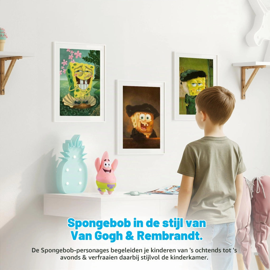 Set di 3 poster di Bob l'Esponja in stile Van Gogh e Rembrandt, formato A4