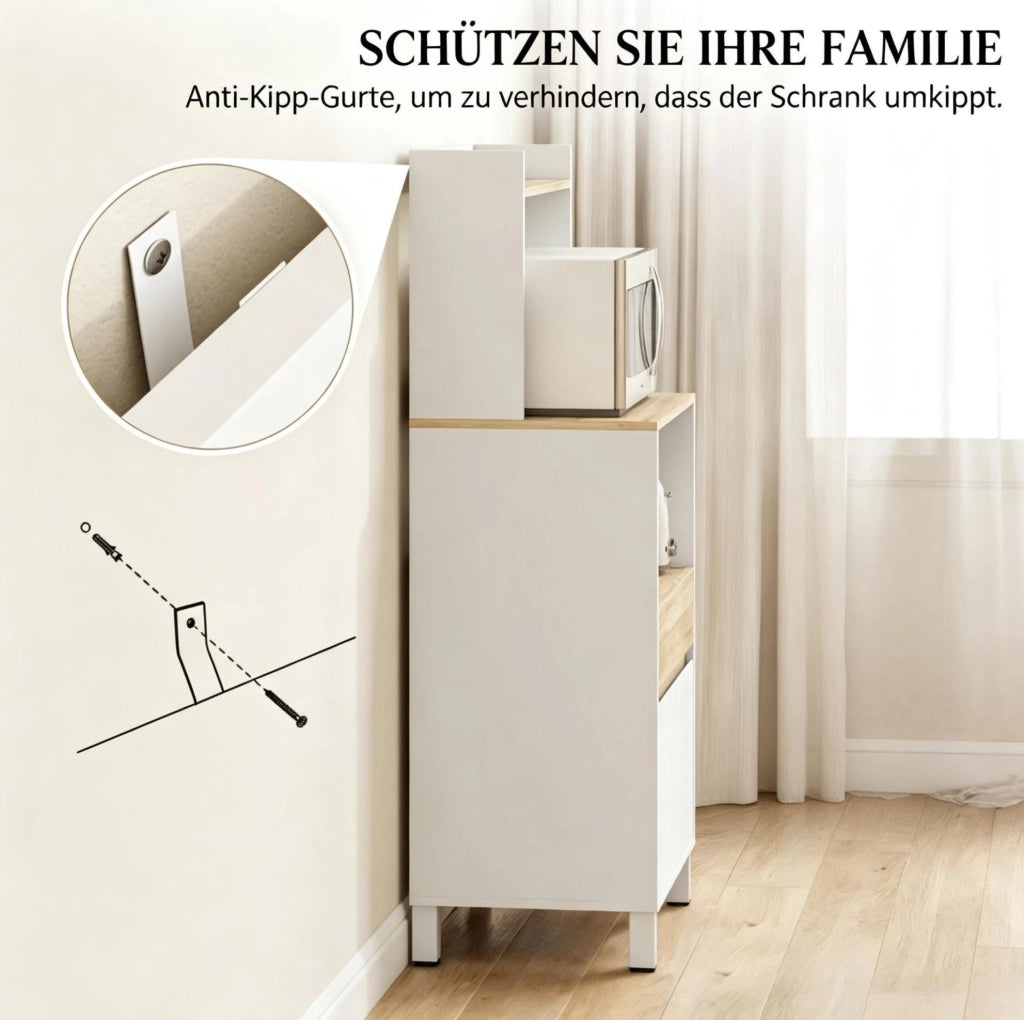 Mobile per microonde con cassetto e ripiani, 60 x 40 x 131 cm, bianco e rovere