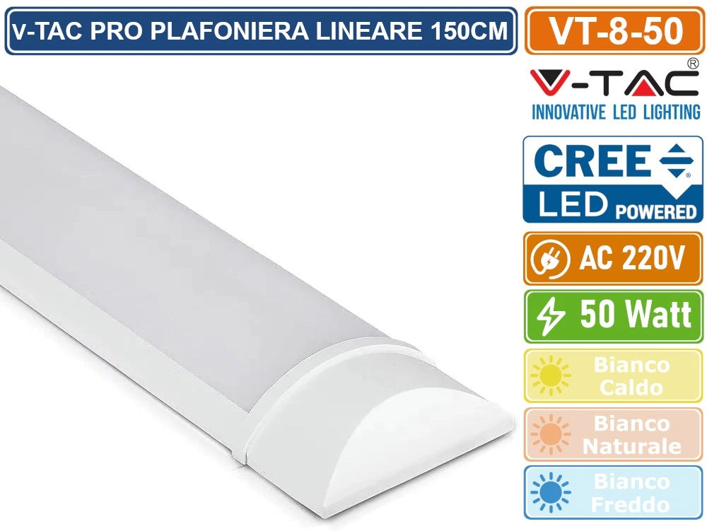 V-TAC VT-8-50 TUBO LED PRISMATICO PLAFONIERA 50W LAMPADINA 150CM CHIP LED CREE IP20 - Colore Luce:Bianco Freddo
