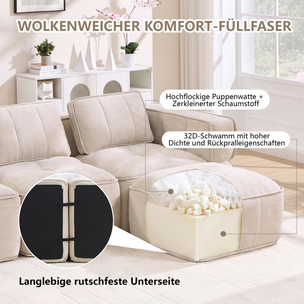 Divano modulare beige in poliestere con pouf