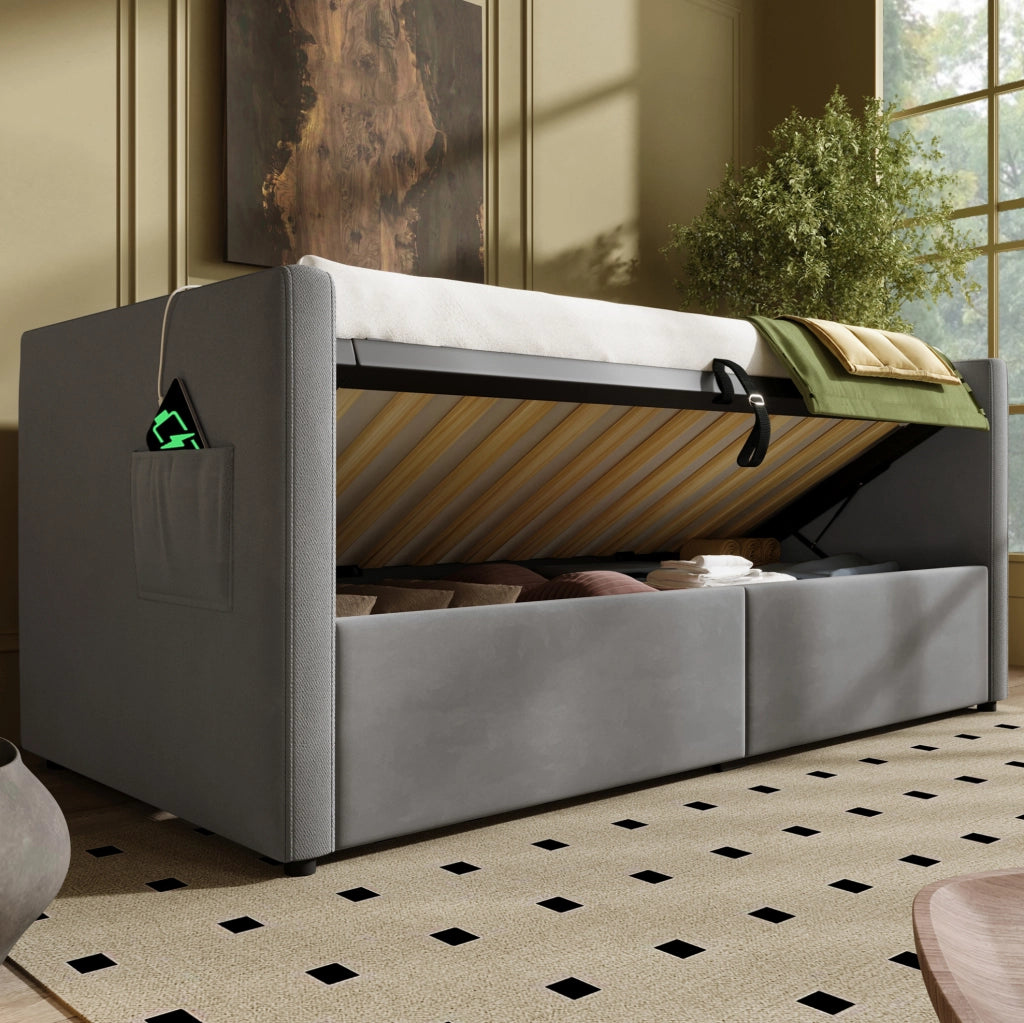 Divano letto 90 × 190 cm con contenitore idraulico; USB e Type-C; velluto grigio
