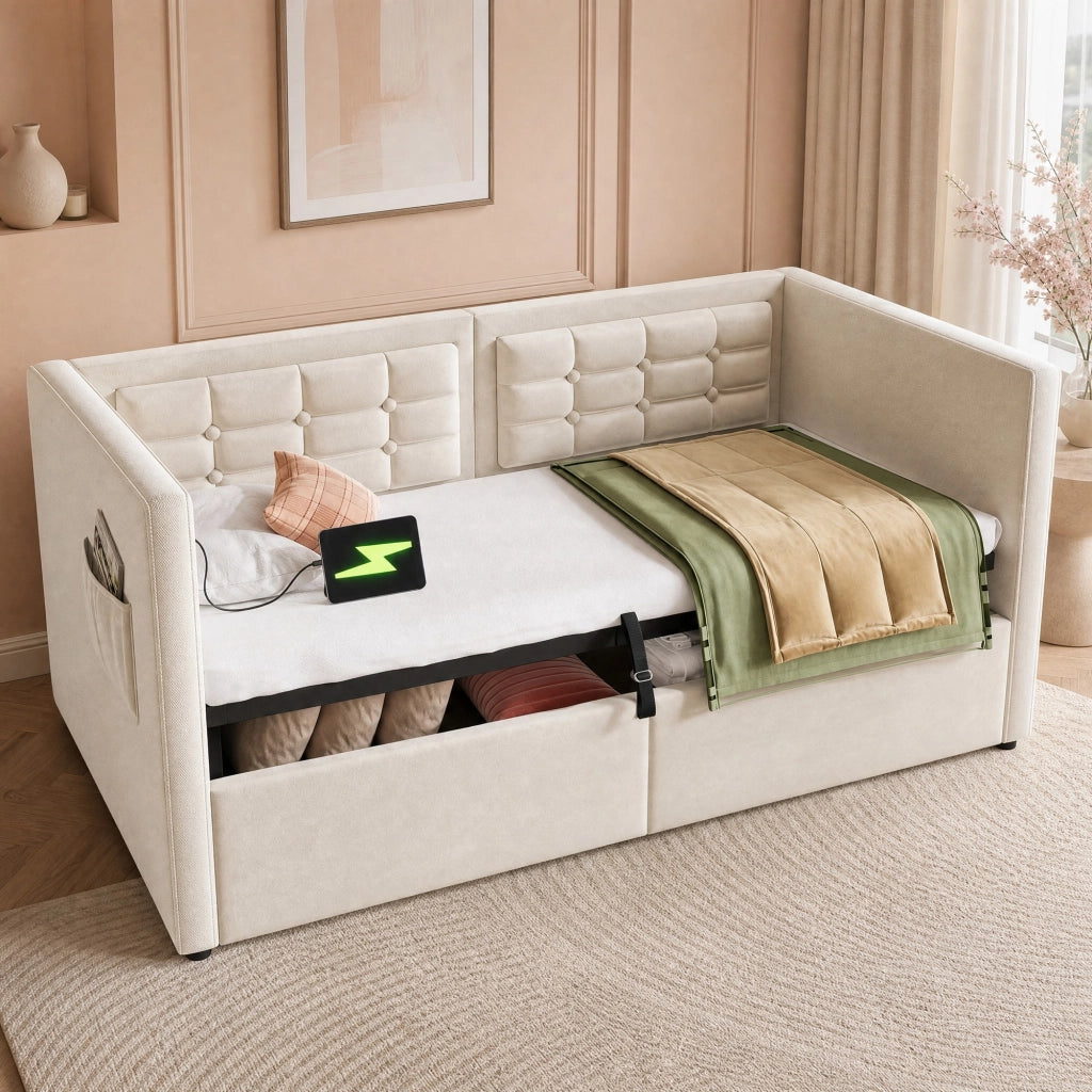 Letto imbottito 90 × 200 cm con contenitore idraulico e ricarica USB Type-C; rivestito in velluto beige