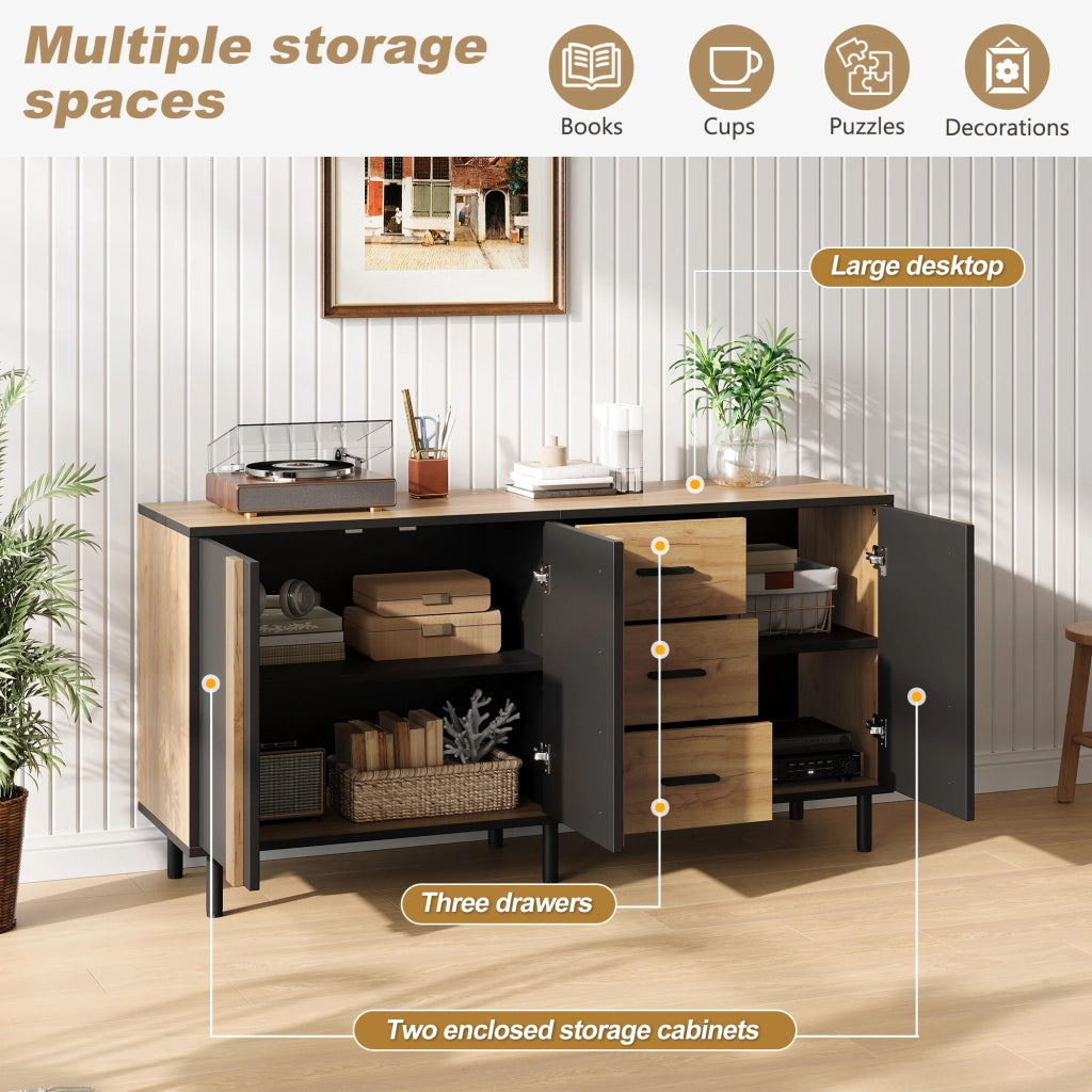 Credenza 140 × 35 × 70 cm con 3 ante e 3 cassetti in MDF nero e effetto legno con 6 gambe in metallo moderne
