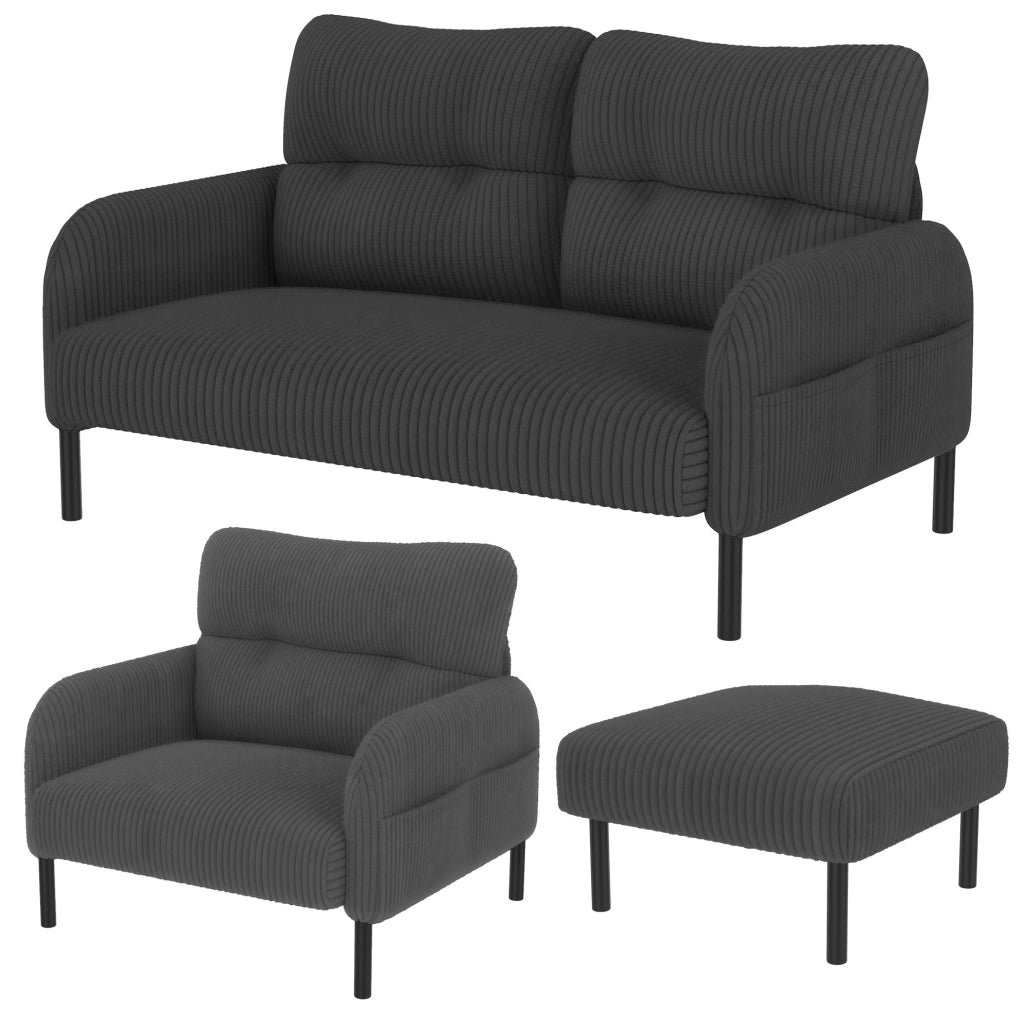 Set divano 2 posti, poltrona e pouf 120x75x79 cm grigio in velluto a coste modulare
