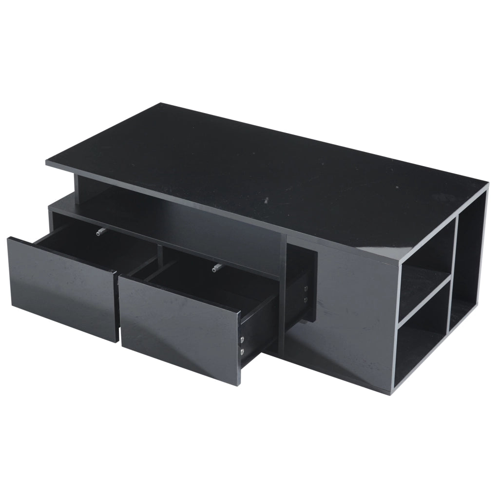 Tavolino da caffè LED 100x50x35 cm nero in truciolato, 2 cassetti, contenitore