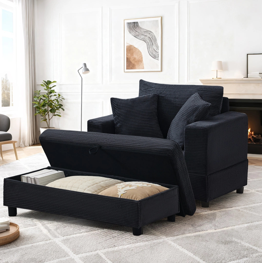 Chaise longue in velluto a coste con contenitore, nera