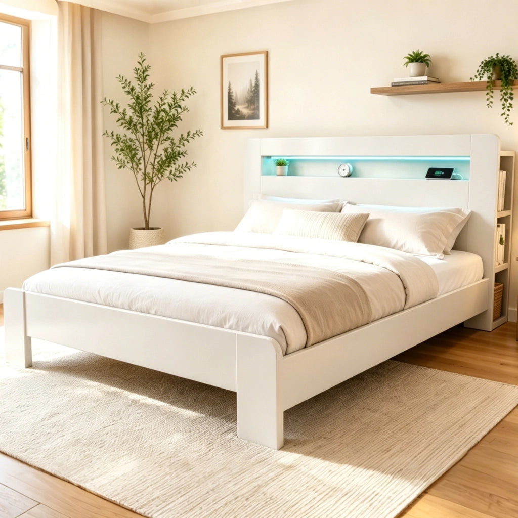 Letto matrimoniale a piattaforma 180 × 200 cm in legno bianco con testiera contenitore LED e prese integrate