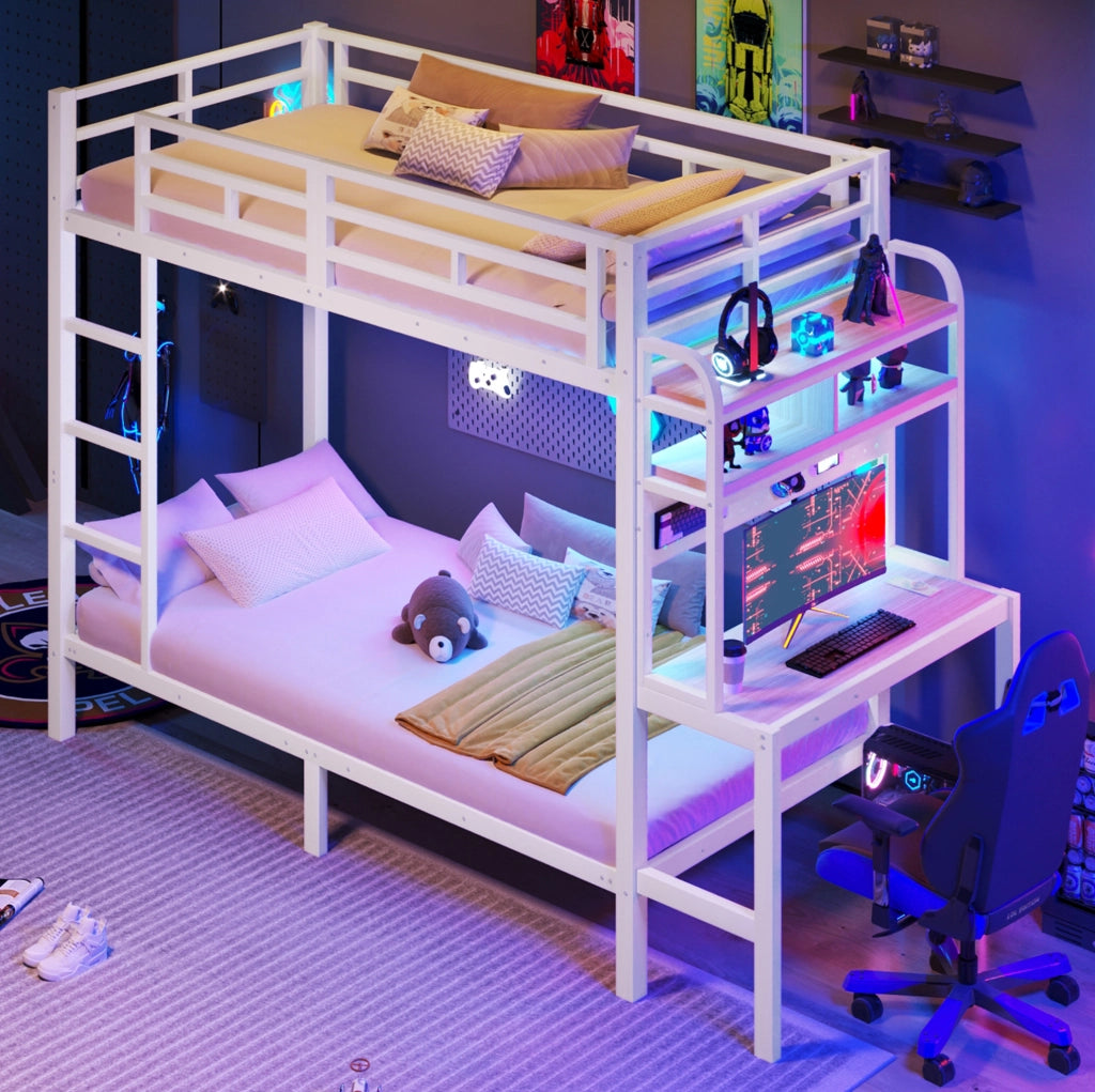 Letto a castello 90x200 cm in metallo con scrivania, mensole, luce LED, USB, con protezioni di sicurezza e scala, bianco