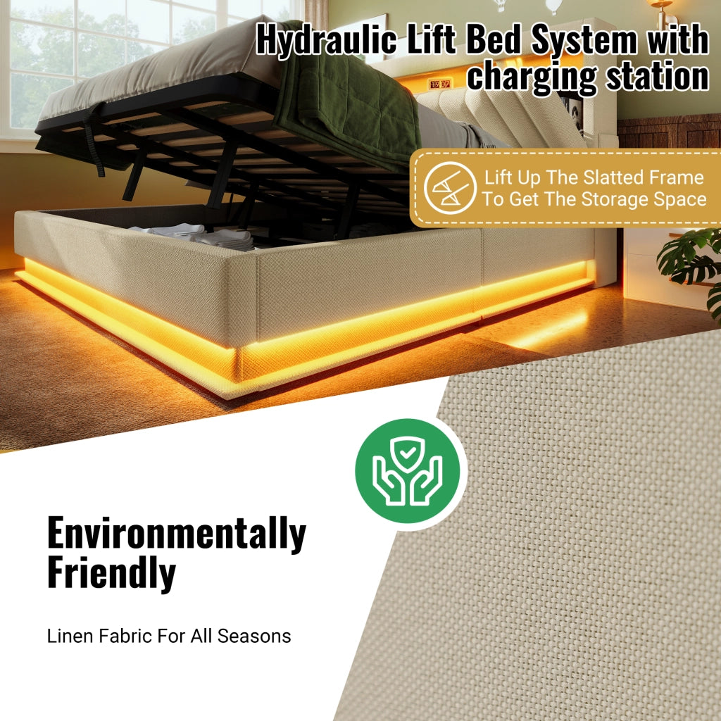 Letto contenitore 180 × 200 cm con testiera in lino USB Type-C LED ripiano e vano idraulico beige
