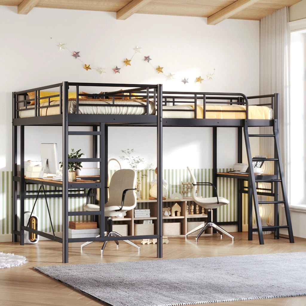 Letto a Soppalco 90 x 200 cm con Scrivania, Scala, Sponda Alta in Metallo e MDF Nero