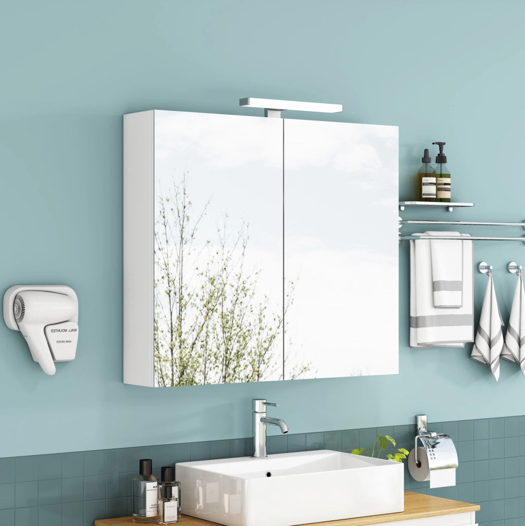 Mobiletto bagno a specchio bianco 80 cm con 2 ante, illuminazione LED e presa francese, mensole in vetro regolabili, cerniere ammortizzate, montaggio a parete
