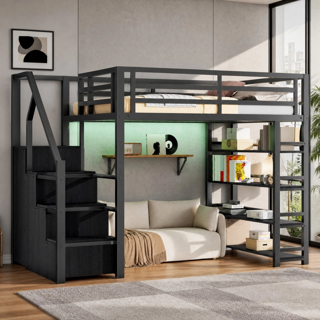 Letto a soppalco 140 × 200 cm in metallo nero con armadio scala contenitore ripiani e illuminazione LED