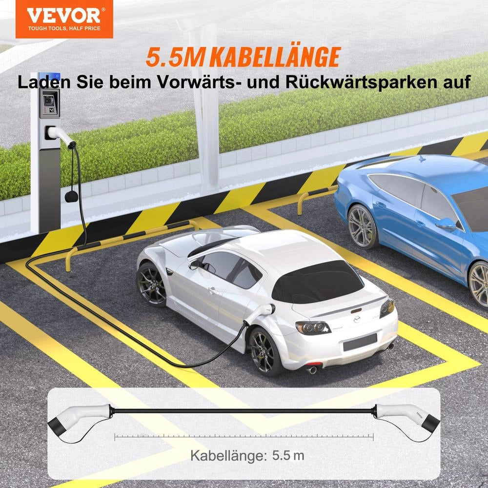 Cavo di Ricarica EV Tipo 2 a Tipo 2 Trifase 22kW 32A 5m per Auto Elettriche e Ibride, Impermeabile IP66, Robusto e Pratico