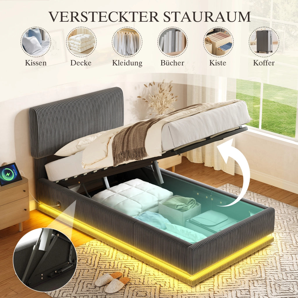 Letto singolo imbottito 90 × 200 cm con LED e USB C testiera regolabile vano contenitore velluto a coste grigio scuro