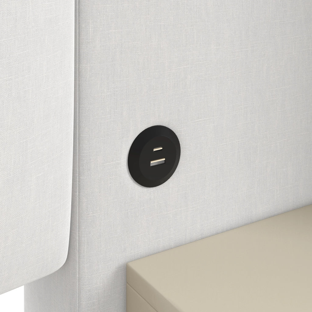 Letto imbottito beige 180 x 200 cm con contenitore idraulico e comodini LED