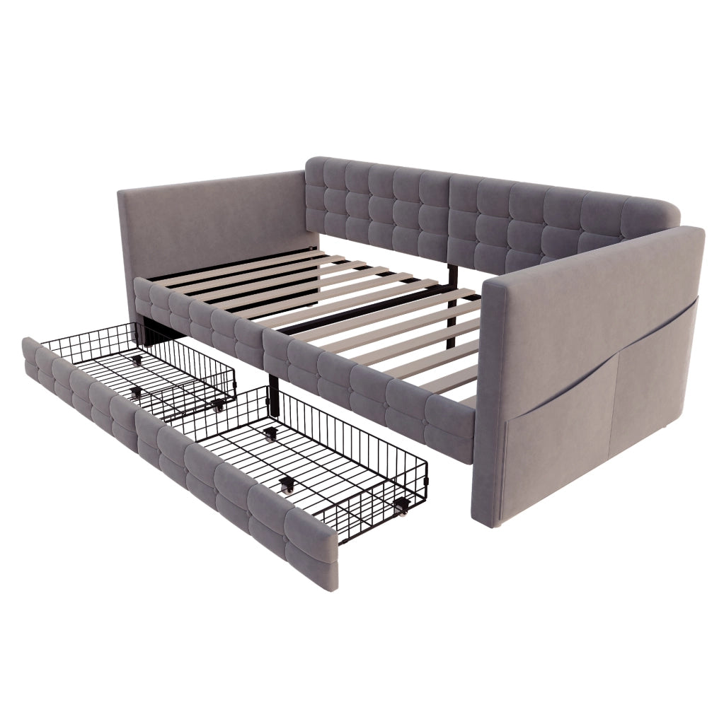 Letto Singolo 90x190 cm in Velluto Grigio con Contenitori Laterali e Due Cassetti Sotto il Letto