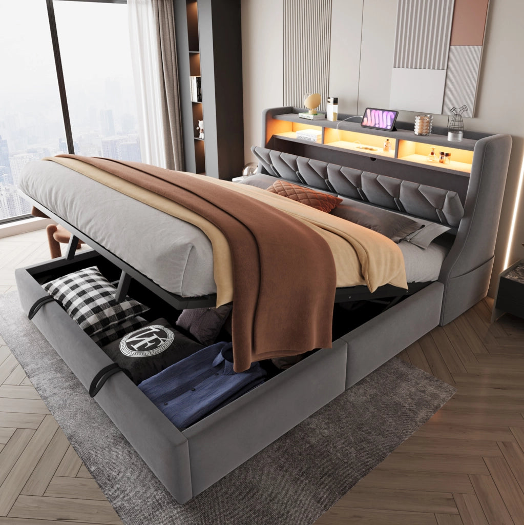 Letto matrimoniale 180x200 cm con contenitore idraulico; LED e prese USB-C; grigio