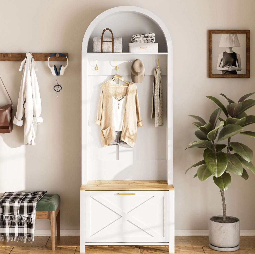 Guardaroba da ingresso 75x35x195 cm in MDF bianco e legno con scarpiera