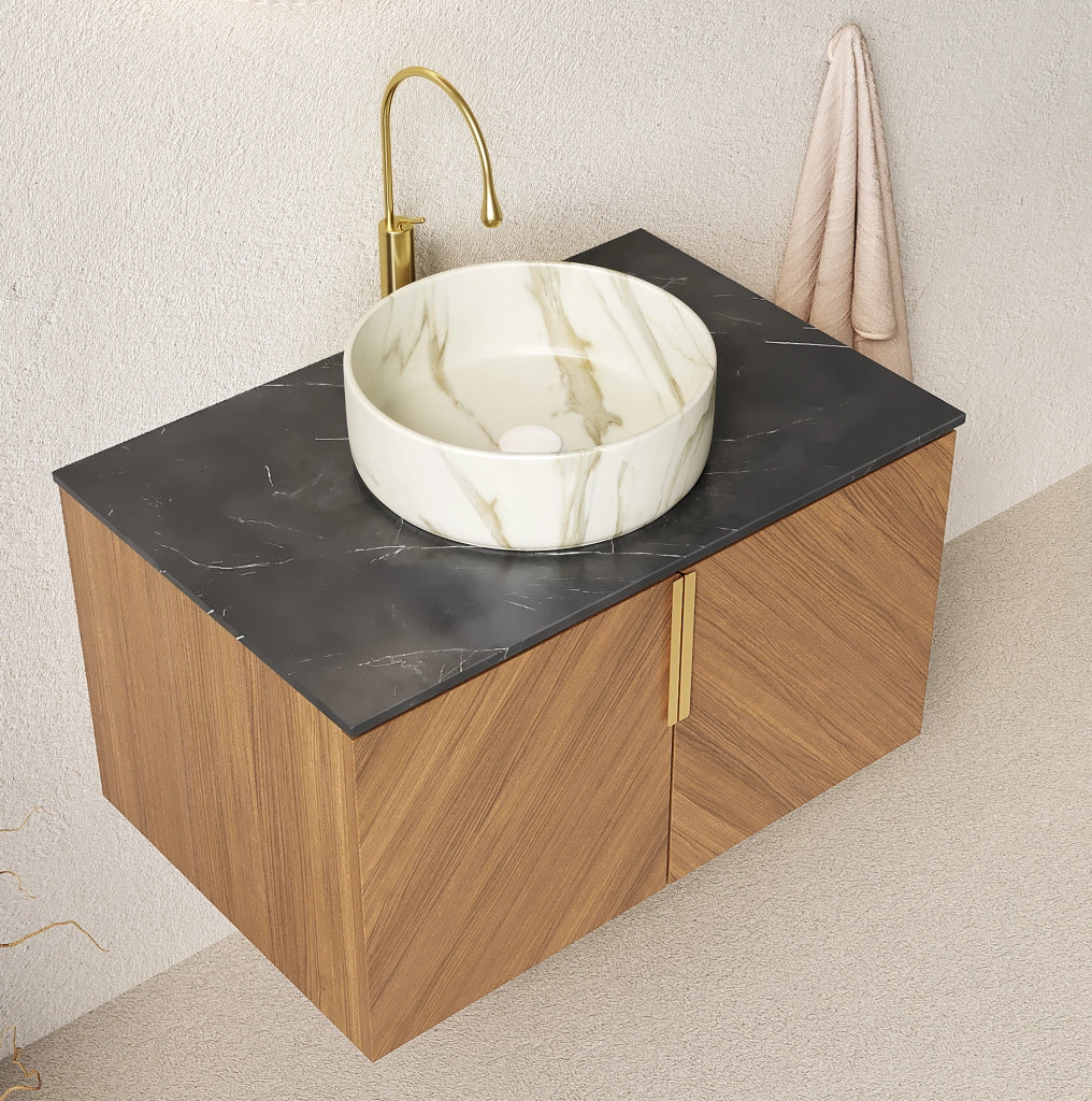 Mobile bagno sospeso 76 cm con lavabo in ceramica rotondo bianco effetto pietra e piano in pietra sinterizzata nera, armadietto in compensato con finitura rovere marrone