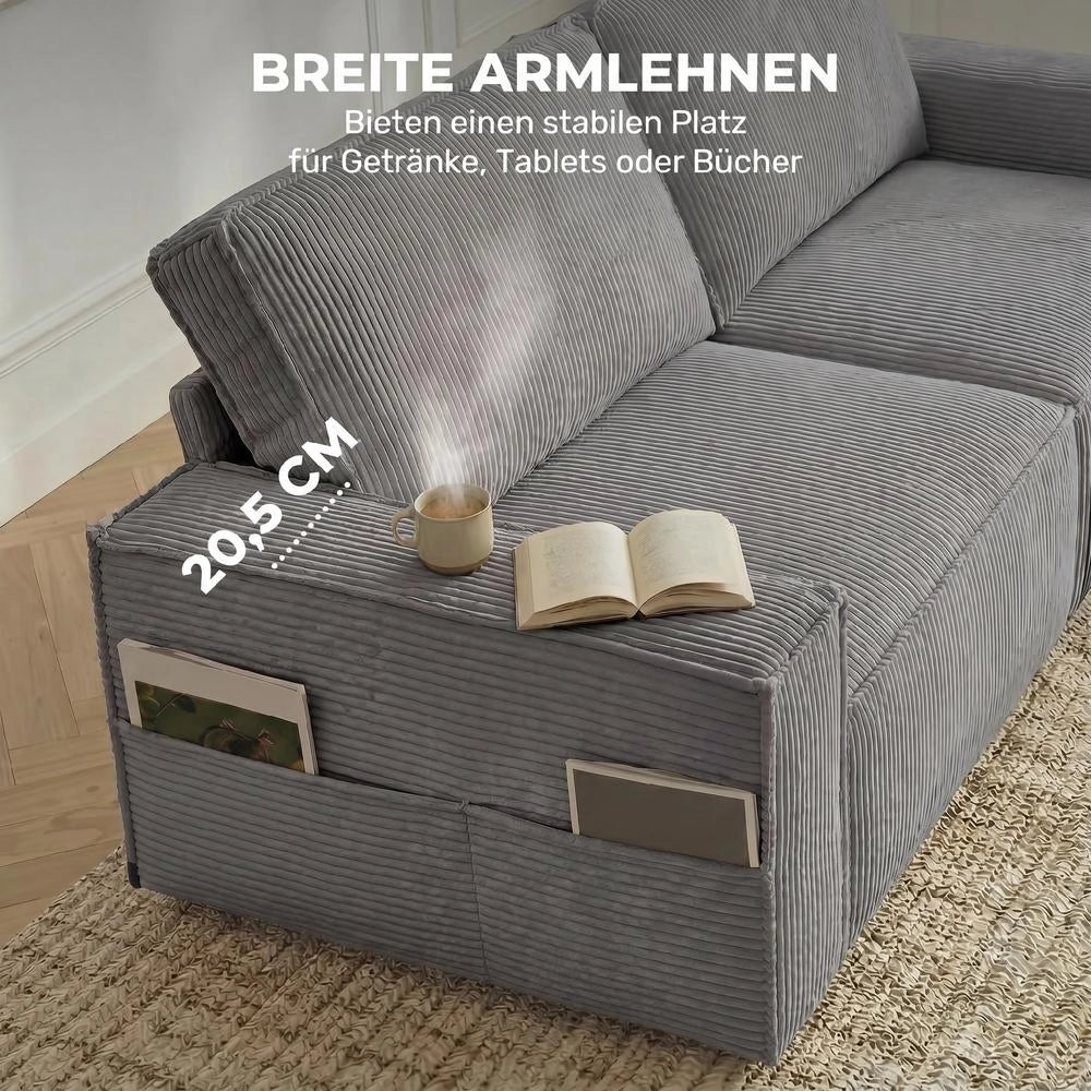 Divano 3 Posti 218 cm Moderno in Velluto a Coste con Molle Insacchettate e 2 Cuscini Grigio Chiaro per Soggiorno