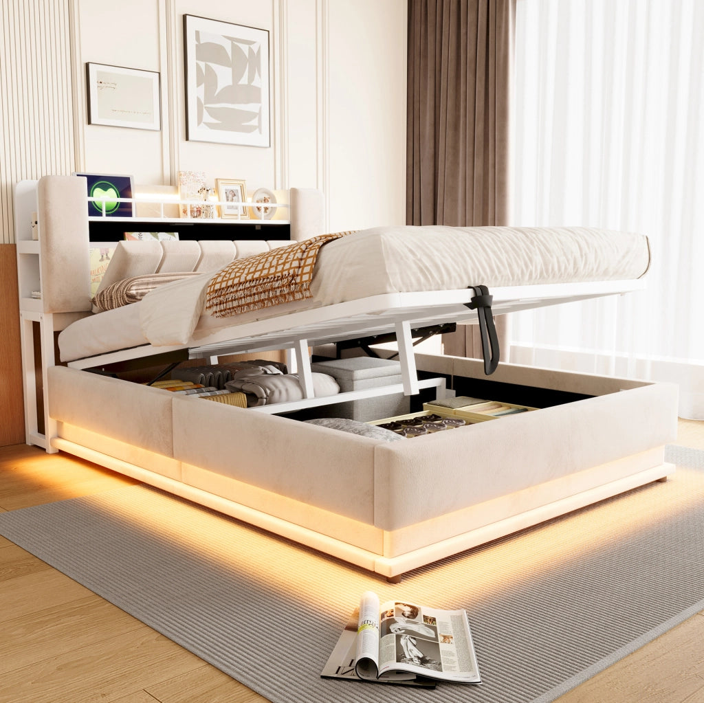 Letto imbottito beige 140 x 200 cm con LED, USB e contenitore idraulico