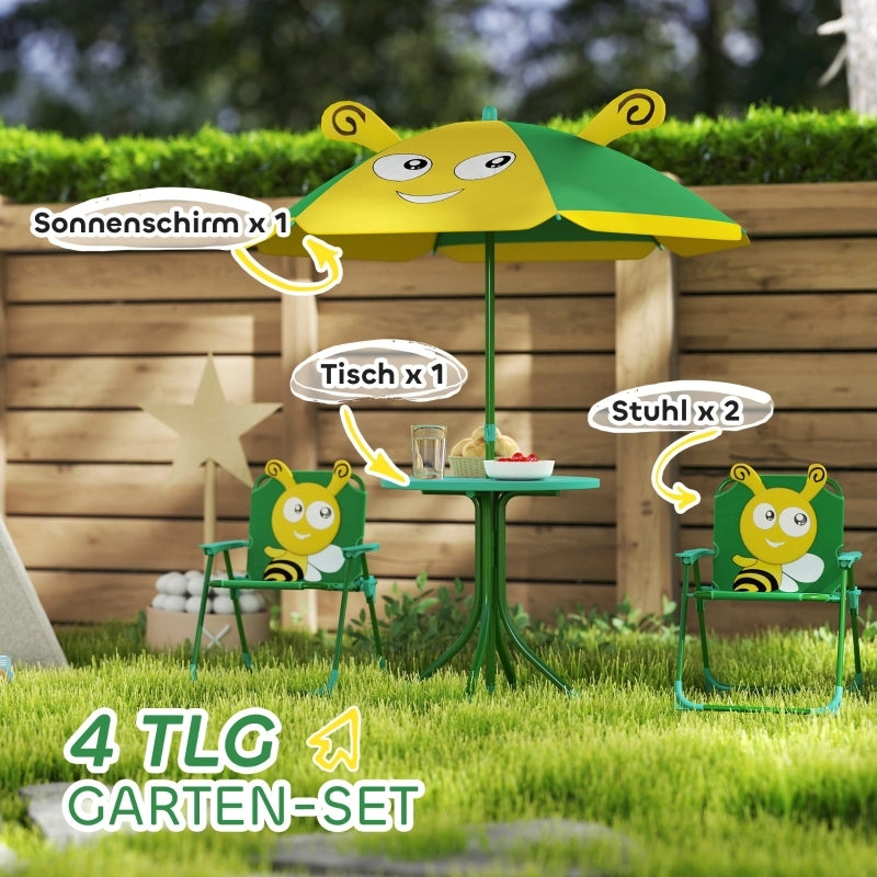 Set mobili da giardino per bambini, tavolo, sedie e ombrellone, design ape, verde e giallo