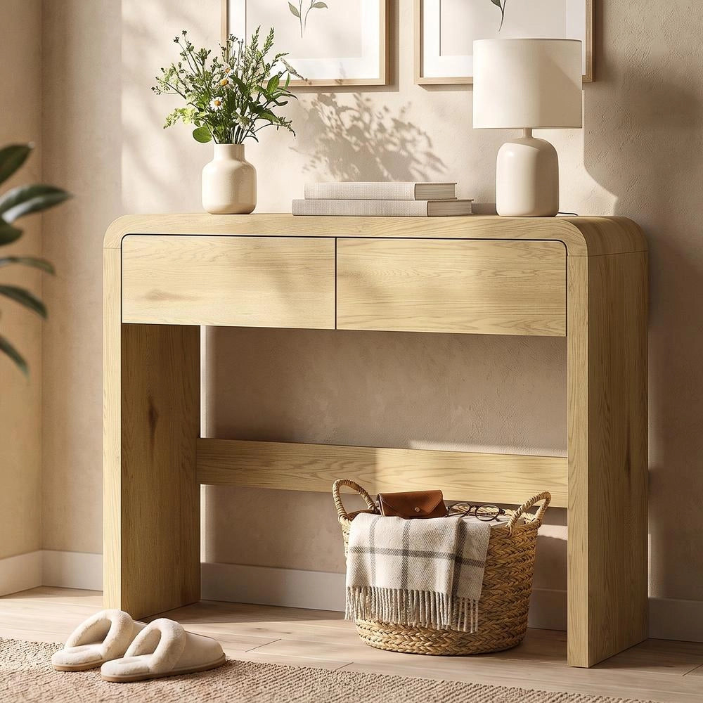 Tavolo consolle con 2 cassetti per ingresso e soggiorno, mobile in legno naturale, piano spesso e angoli arrotondati, 100 x 30 x 85 cm