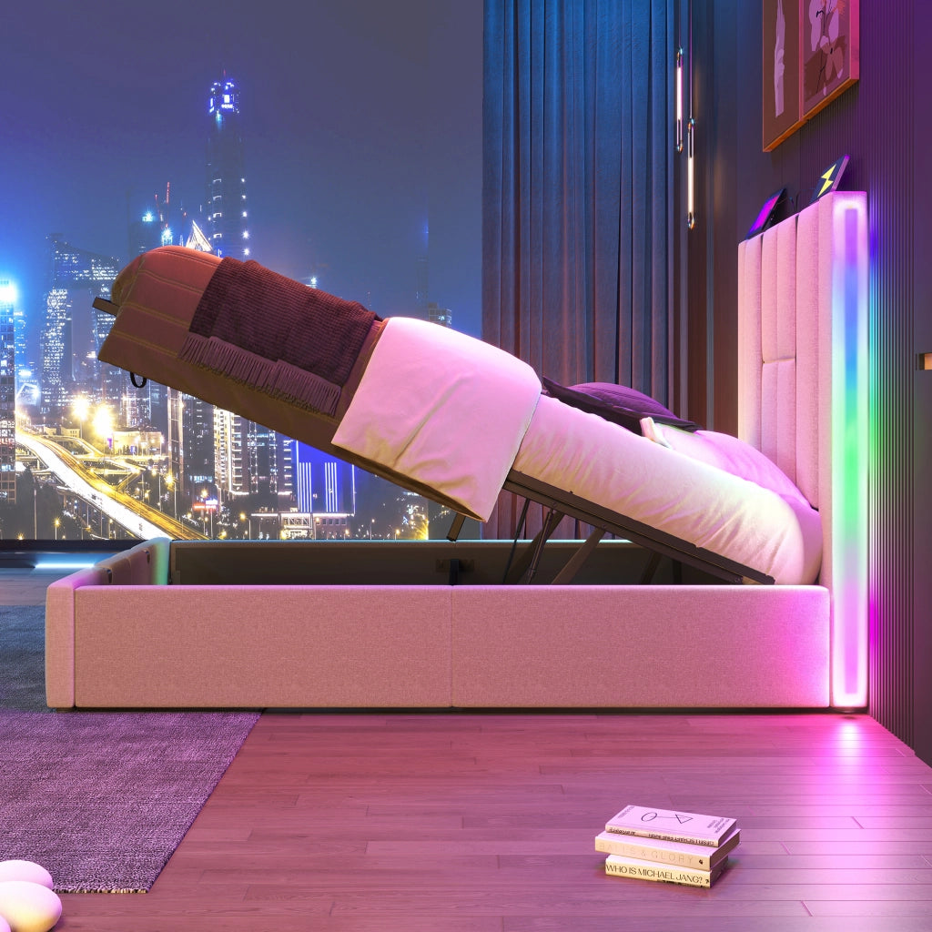 Letto matrimoniale 160 ¡Á 200 cm con comodini USB e Type-C; luci da lettura e panca contenitore rovere