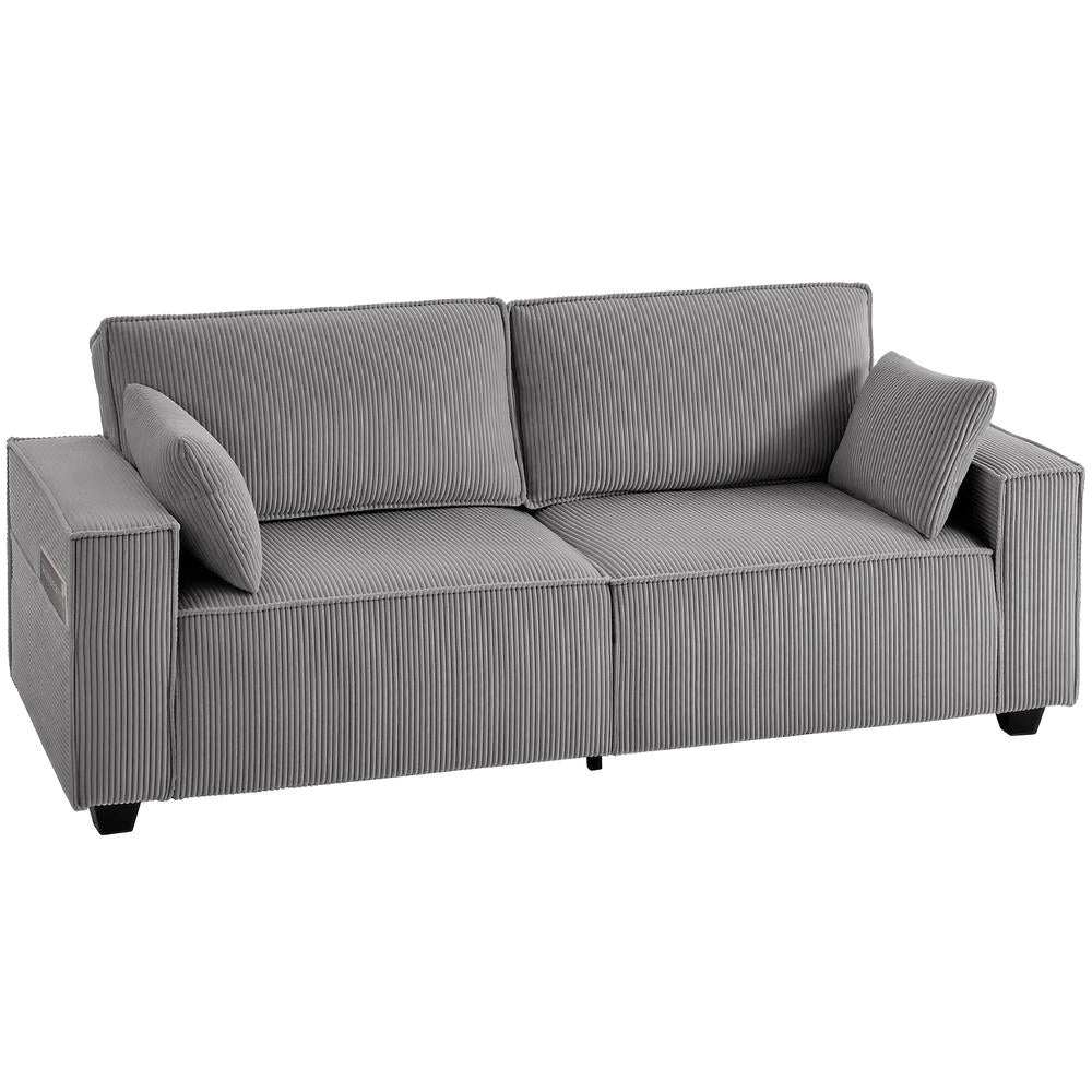 Divano 3 Posti 218 cm Moderno in Velluto a Coste con Molle Insacchettate e 2 Cuscini Grigio Chiaro per Soggiorno