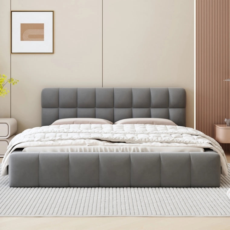 Letto Bubble 140x200 cm; Letto Matrimoniale Imbottito; Struttura Letto con Testiera e Rete a doghe; Letto Moderno; Senza Materasso; Lino Grigio