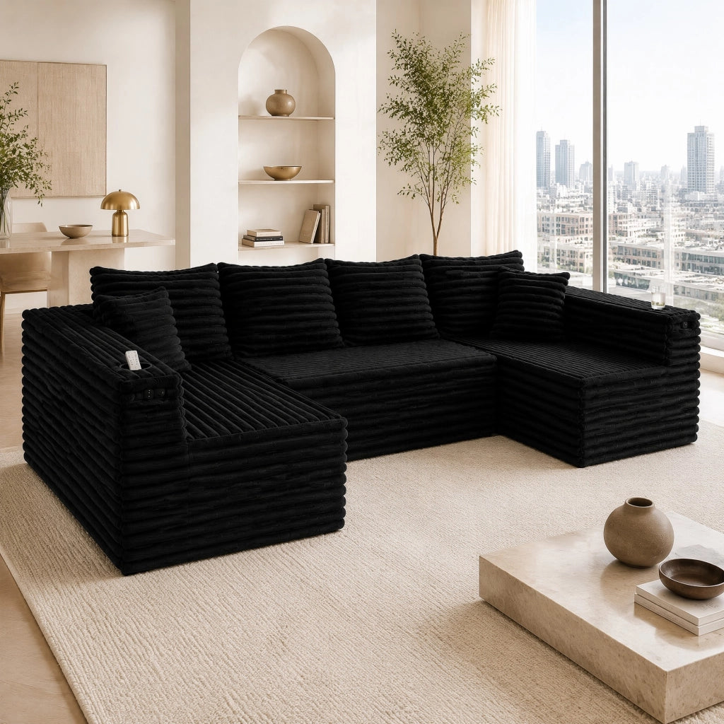 Divano modulare a U 320x155x88 cm in tessuto nero con portabicchieri