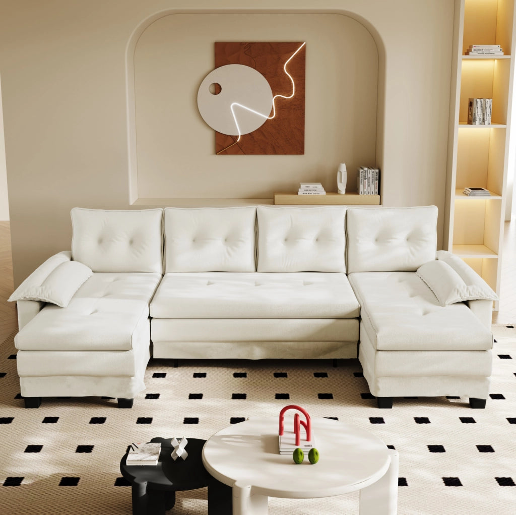 DIVANO LETTO Modulare a U 278x127x87 cm in ciniglia beige con USB